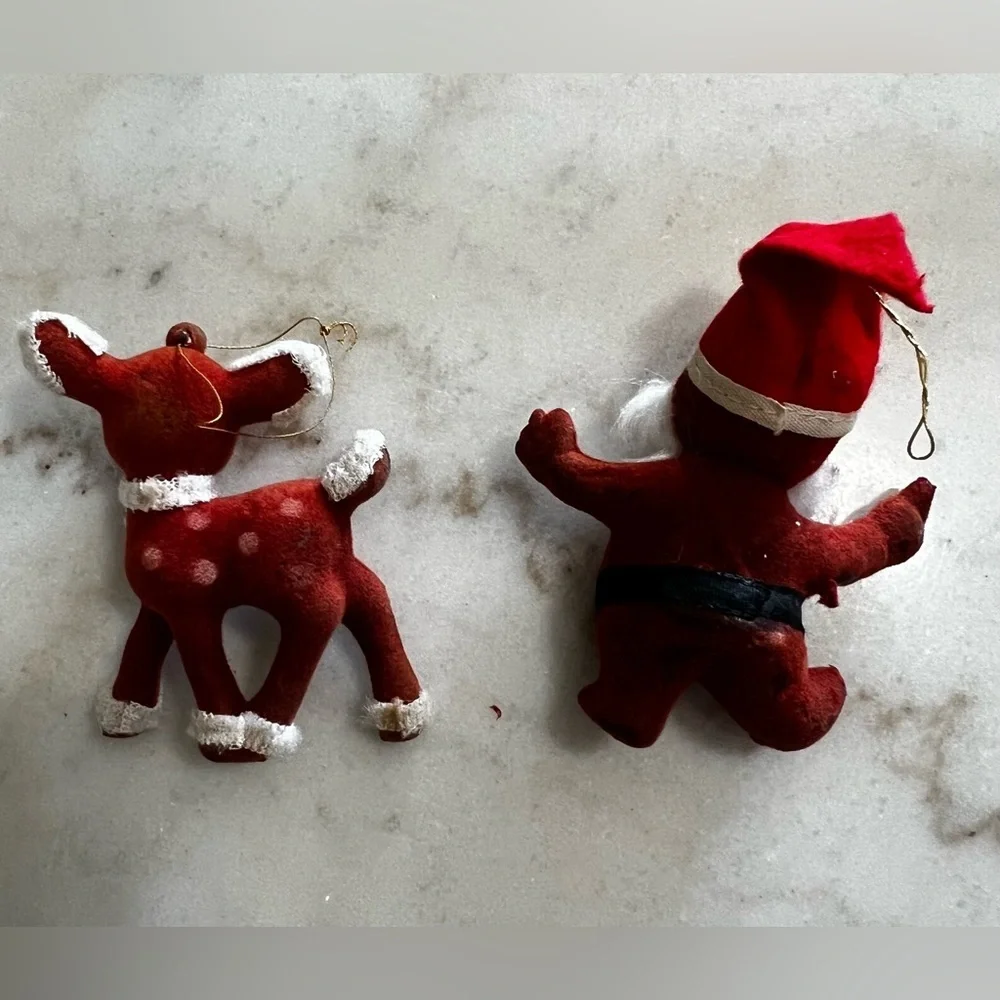 Vintage Mid Century Red Flocked Santa And Reindeer Christmas Tree Ornaments Set